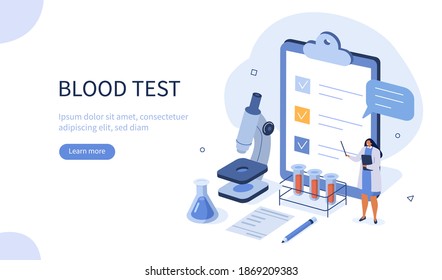 Doctor Scientist in Medical Laboratory Analyzing Blood Samples. Blood Test and Laboratory Research Concept. Flat Isometric Vector Illustration.