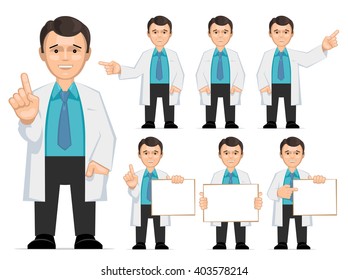 Doctor, scientist, teacher. Set of different poses and gestures paying attention or point to anything. Vector illustration of a man in a white coat. Flat style.