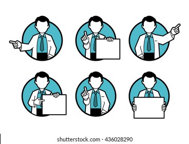 Doctor, scientist, teacher. Set icons of different poses and gestures paying attention or point to anything. Vector illustration of a man in a white coat. Flat style.