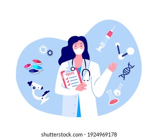 Doctor Scientist Virologist Forscherin Frau in der medizinischen Gesichtsmaske mit Tests Analyse. Herstellung einer Impfstoffinfusion.Krankenhausbehandlung, Heilung, Therapie.Laboratorium, DNA von Atom-Molekülen. Flache Vektorgrafik