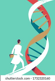 Doctor or scientist walking on DNA helix