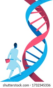 Doctor or scientist walking on DNA helix isolated on white background