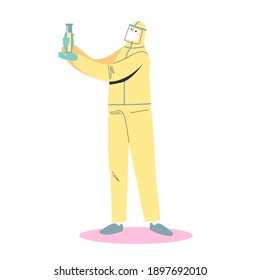 Doctor scientists hold test tube. Male researcher in uniform developing pandemic coronavirus treatment. Healthcare immunization research. Flat vector illustration