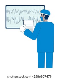 Doctor in scrubs analyzing brainwave data on monitor 2D cartoon character. Medical diagnostics. Neurologist indian man isolated person flat vector on white background. Spot illustration colorful