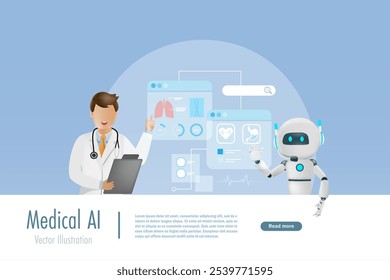 Doctor search medical data interface with AI artificial intelligence robot. Artificial intelligence innovation technology for diagnosis increasing accuracy patient treatment. Research and development.