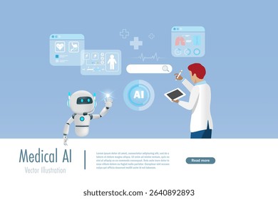 Doctor searching and analyzing medical data with help from AI robot technology. Artificial intelligence innovation technology for medical solution in diagnosis, care and treatment.