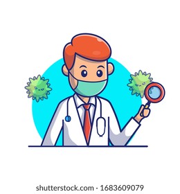 Doctor Searching for Virus Vector Icon Illustration. Corona Mascot Cartoon Character. Person Icon Concept White Isolated. Flat Cartoon Style Suitable for Web Landing Page, Banner, Flyer, Sticker, Card
