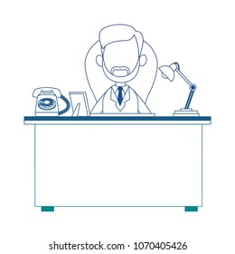 Doctor seated at office blue lines