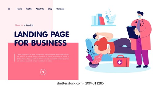 Doctor seeing patient at home. Sick man lying on sofa with thermometer, medical worker looking at him. Fever, headache, flu. Sad situation. Medical help concept for banner, website design