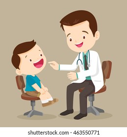 doctor is seeing a small boy.They are smiling. The doctor is looking at the child with joy. Isolated on background.