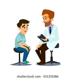 doctor is seeing a small boy.They are smiling. The doctor is looking at the child with joy. Isolated on background.