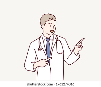 Doctor senior man, medical professional holding something in empty hand. Hand drawn style vector design illustrations.