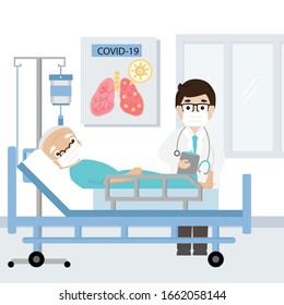 Doctor and Senior patient infected with covid-19 virus on hospital bed. Vector illustration.