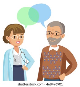 Doctor and senior patient. Man talking to physician. Vector illustration