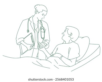 Doctor and senior patient talking in hospital room