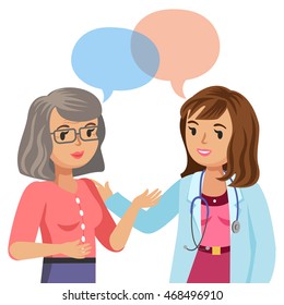 Doctor And Senior Patient. Woman Talking To Physician. Vector Illustration