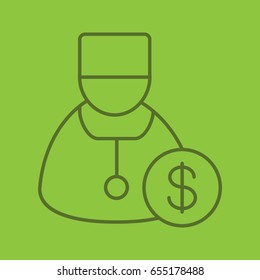 Doctor services color linear icon. Therapist with dollar sign. Thin line outline symbols on color background. Vector illustration