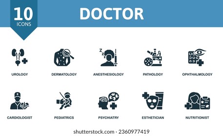 Doctor set. Creative icons: urology, dermatology, anesthesiology, pathology, ophthalmology, cardiologist, pediatrics, psychiatry, esthetician, nutritionist. svg
