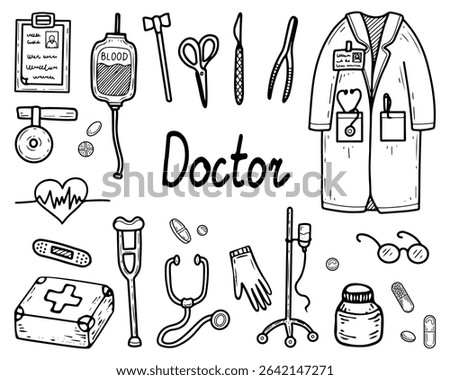 Doctor set. Hand drawn doodle illustration. Hospital specialist. Help. Patient treatment. Therapist. Medical gown. Surgeon equipment, scalpel, pliers. Donor blood. Vector line art group of elements.