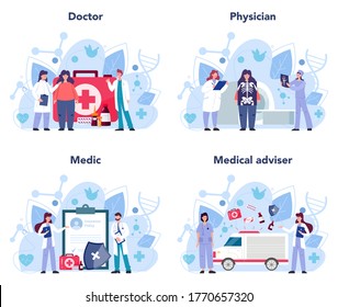 Doctor set. Healthcare, modern medicine treatment, expertize, diagnostic. Medical specialist in the uniform. Medical treatment and recovery. Isolated vector illustration in cartoon style