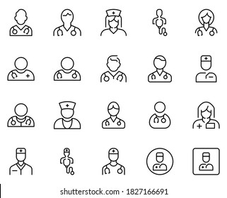 Doctor set line icons in flat design with elements for web site design and mobile apps.  Collection modern infographic logo and symbol. Doctor vector line pictogram