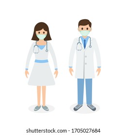 Doctor set in mask ready surgeon uniform gloves stethoscope icon, Vector isolated colorful flat illustration.