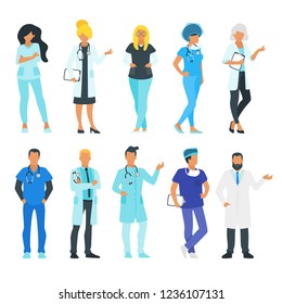 Doctor set. Physician man and woman standing together. Minimalism design with man and woman character silhouettes. Vector illustration.