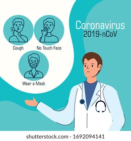 doctor with set of recommendations for covid 19 vector illustration design