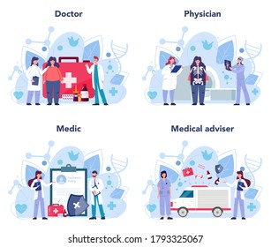 Doctor set. Therapist examine a patient. General health specialist. Medicine and healthcare concept. Vector flat style cartoon illustration