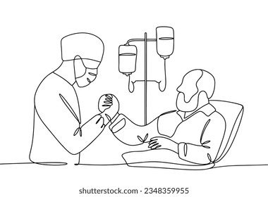 El médico se da la mano con un paciente anciano. Atención a la salud humana. Atención médica segura. Día Mundial de la Seguridad de los Pacientes. Un dibujo de línea para diferentes usos. Ilustración vectorial.