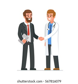 Doctor shaking businessman hand. Vector medical illustration