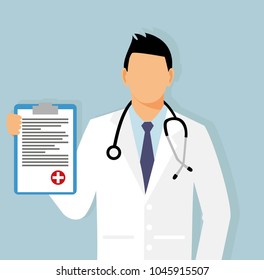 doctor  with a sheet of assignment in his hand. gynecologist in office vector illustration. Medical doctor with stethoscope