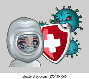 Médico con escudo y virus agresivos. Ilustración del vector