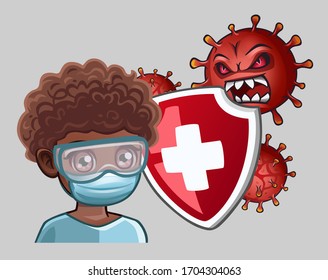 Doctor with shield and aggressive viruses. Vector illustration