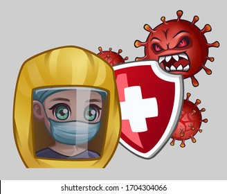 Médico con escudo y virus agresivos. Ilustración del vector