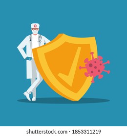 Doctor with shield. Doctor in antibacterial protection, rubber gloves, face shield, cap and goggles. Virus protection. Coronavirus is attacking. Reflecting an attack. Vector illustration flat design.