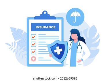 Doctor with shield, medical insurance concept flat vector illustration banner and landing page