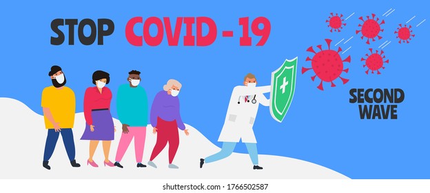 doctor with shield protect people from coronavirus covid 19 second wave vector illustration