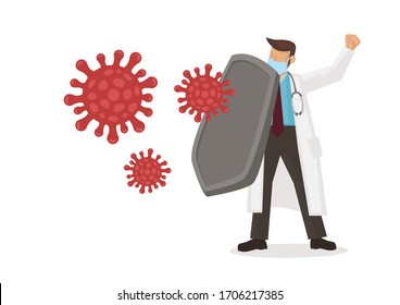 Doctor with a shield protecting against coronavirus. Concept of epidemic or pandemic. Vector illustration