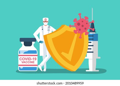 Doctor with shield. Syringe with an ampoule and virus COVID-19. Vaccine coronavirus concept. Virus protection. Coronavirus is attacking. Reflecting an attack. Vector illustration flat design.