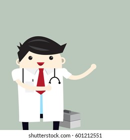 Doctor  show right hand with smile on face, Treatment and Patients concept