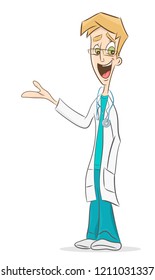 Doctor show something by hand. Cartoon Vector Illustration.