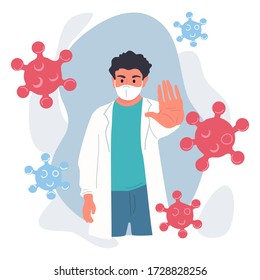 Doctor show stop corona virus. Negative gestures vector illustrations. Disagree hand language. Man refuse and rejection Covid-19 virus. Pneumonia illustration attack. Health problems concept.