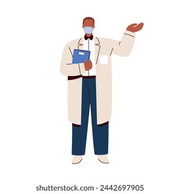 Doctor showing, advertising with hand gesture. Medic, healthcare specialist, practitioner in hospital coat standing and presenting something. Flat vector illustration isolated on white background