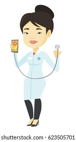 Doktor, der die Anwendung zur Überprüfung des Pulses der Herzfrequenz anzeigt. Doktor, der Smartphone mit Anwendung zur Messung des Pulses der Herzfrequenz hält. Vektorgrafik mit flachem Design, einzeln auf weißem Hintergrund.