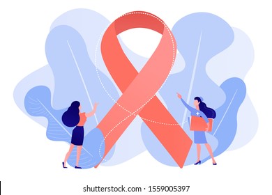 Doctor showing breast cancer awareness ribbon to the female patient. Breast cancer, women oncology factor, breast cancer prevention concept. Pinkish coral bluevector vector isolated illustration