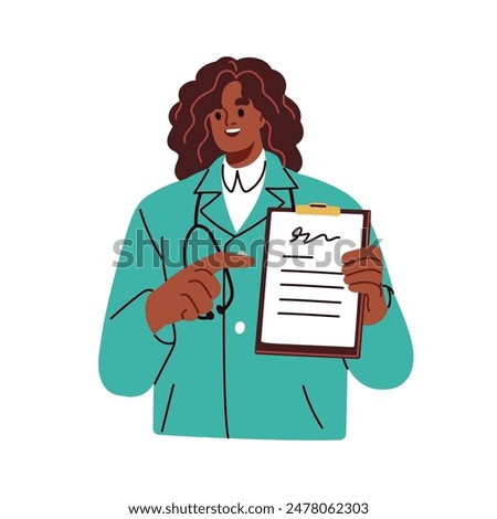 Doctor showing clipboard, medical document in hand. Physician, practitioner consulting on health. Hospital professional, therapist prescribing. Flat vector illustration isolated on white background