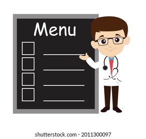 Doctor Showing Menu Board Flat Vector Cartoon Illustration