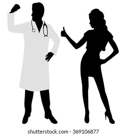 doctor Showing Muscle Arms, young woman showing like, thumb up