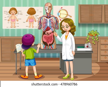 Doctor showing organs to kid illustration